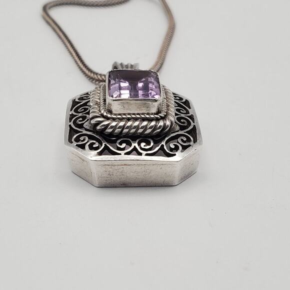 Vintage 925 Sterling Silver Art Deco Filigree Amethyst Gemstone Necklace 24" - Picture 3 of 12